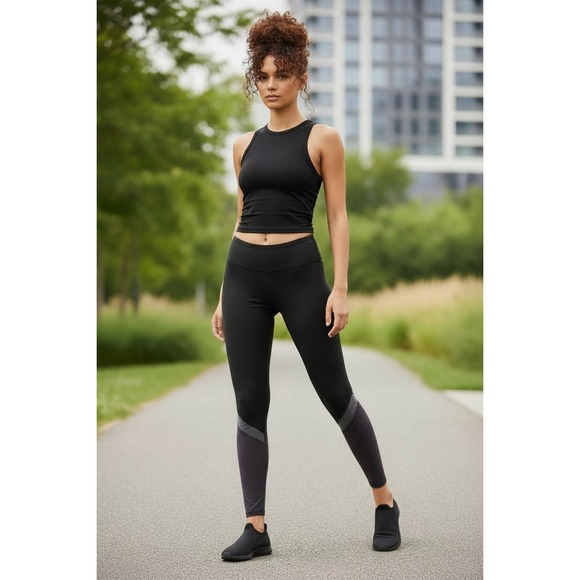 Athleta‎ Long Leggings M Black New Year New You Color Block Sporty Gym Workout - Picture 3 of 14